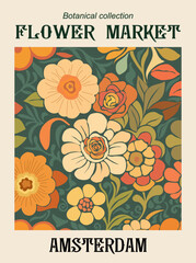 Abstract Flower Market Amsterdam poster. Trendy botanical wall art with floral design in earth tone colors. Modern naive groovy funky interior decoration, painting. Vector art illustration.