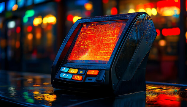 Futuristic Point of Sale Terminal Displaying Orange Abstract Data Interface
