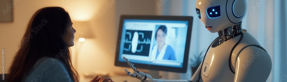 Poster futuristic robot concept.a humanoid robot interacts with a person, displaying a digital screen showi