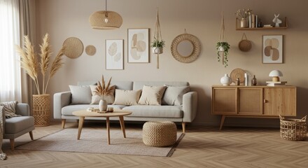 Neutral-toned living room with pampas grass, woven accents, and a light grey sofa.