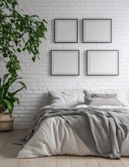 Minimalist bedroom with white brick wall, bed, plant, and frames.