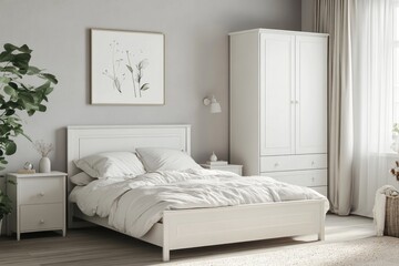 Minimalist bedroom with white furniture, bedding, and artwork.