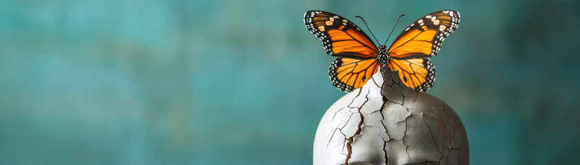 A cracked skull with a butterfly perched on top, symbolizing transformation and the juxtaposition of life and death against a teal background.