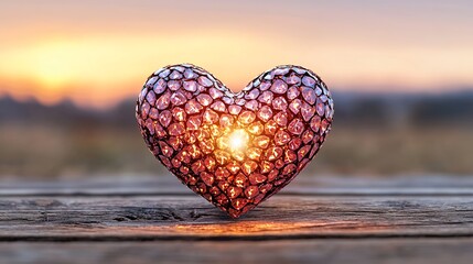 Fototapeta premium Glowing Heart on Rustic Wood at Sunset