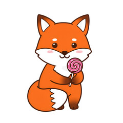 Adorable Cartoon Fox Holding Pink Sweet Lollipop Fun Cute Candy Happy Image Animal Design Orange