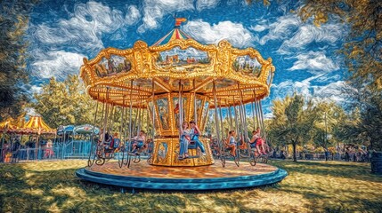 Colorful Carousel With Children Riding Under Bright Blue Sky