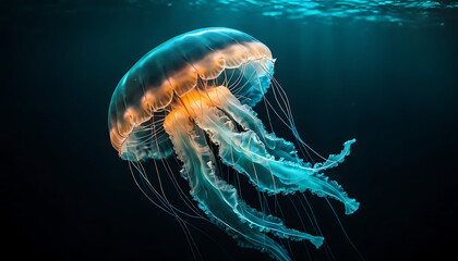 Glowing Jellyfish Floating Underwater with Tentacles in Dark Ocean Scene