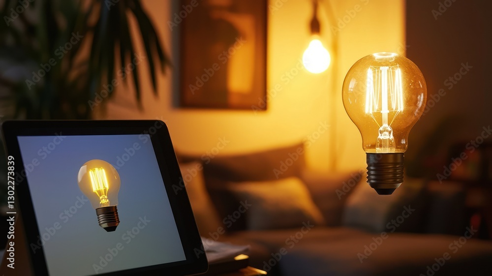 Poster a smart digital bulb connected to a tablet showing customizable lighting options.