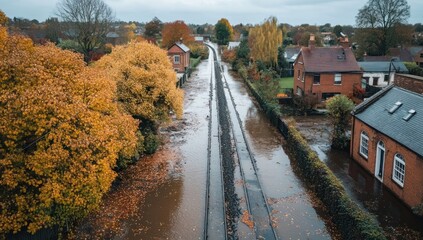 Autumnal Flood Engulfs Railway Tracks in Residential Area