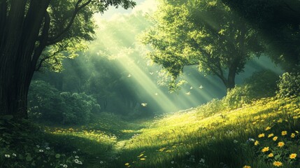 Fototapeta premium Sunlit Forest Path: A Dreamlike Scene of Tranquility