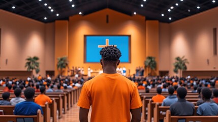Diverse group united in prayer at church conference, symbolizing community and unity with copy space