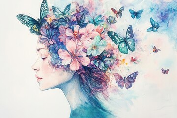 watercolor profile of woman with blooming flowers and butterflies emerging from her mind, symbolizing mental wellness and emotional growth, soft pastel palette