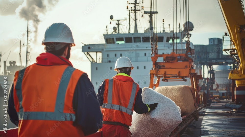 Poster workers overseeing the unloading of goods from a bulk carrier in an industrial setting.