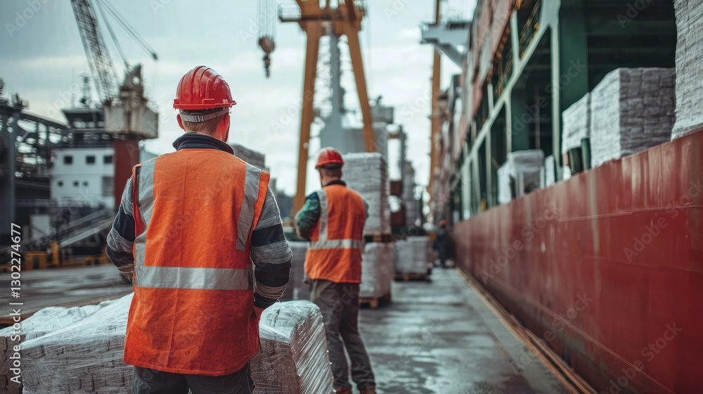 Poster workers overseeing the unloading of goods from a bulk carrier in an industrial setting.