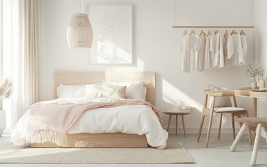 Fototapeta premium Minimalist bedroom with wooden bed, clothes rack, and natural light.