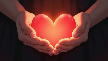 Heart in hands, compassionate feeling, artwork for Charity Day, glowing design, love and care, copy space