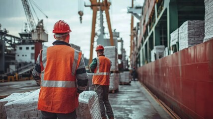 Workers overseeing the unloading of goods from a bulk carrier in an industrial setting.