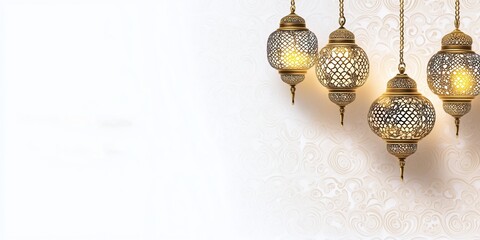 Ramadan Kareem greeting card design, featuring intricate, gold-lined Islamic patterns and decorative hanging lanterns on a white background with a subtle textured paper effect