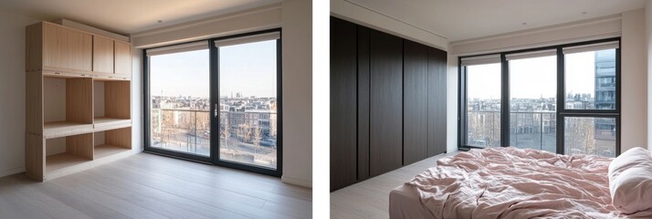 Modern bedroom makeover empty built-in wardrobe to stylish dark closet and bed.