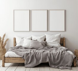 Minimalist bedroom with wooden bed, gray blanket, white pillows, and three empty frames on the wall.