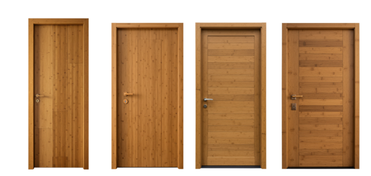 Set of brown wooden doors isolated on white background.