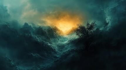 Fototapeta premium Solitary Tree Amidst a Stormy Seascape of Clouds
