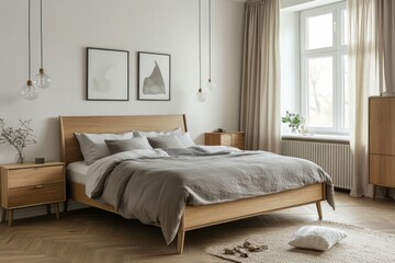 Minimalist bedroom with wooden bed, grey linen bedding, and natural light.