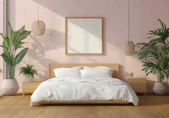 Fototapeta premium Minimalist bedroom with wooden bed, plants, and pink wall.