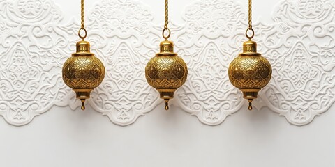Ramadan Kareem greeting card design, featuring intricate, gold-lined Islamic patterns and decorative hanging lanterns on a white background with a subtle textured paper effect