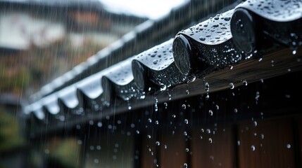 Rainy Day in Japan: Water Droplets Cascading from a Traditional Roof