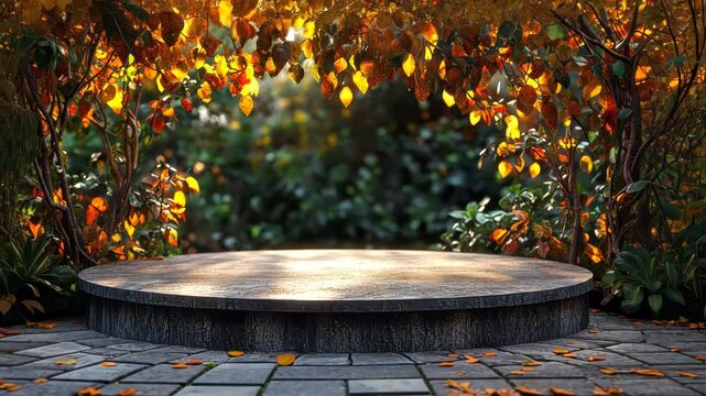 Serene outdoor stage surrounded by vibrant autumn foliage and lush greenery in a tranquil garden