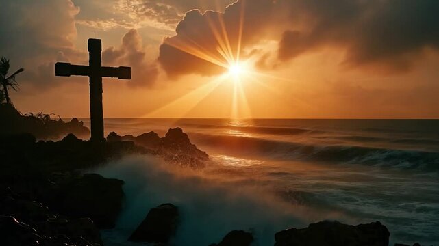 Serene sunset over ocean with cross silhouette, waves crashing against rocks, and sunlight breaking through clouds, creating peaceful nature scene filled with hope.