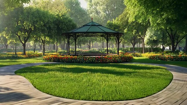 Serene park scene featuring a gazebo surrounded by vibrant flowers and lush greenery