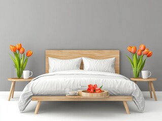Minimalist bedroom with wooden bed, white bedding, orange tulips, and coffee tray.