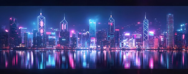 Futuristic cityscape glows with vibrant neon colors reflected in water