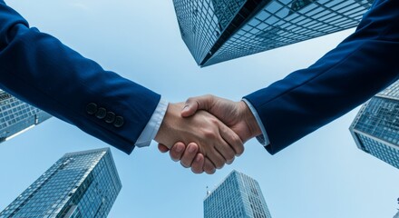 Two businesspeople shake hands against a backdrop of skyscrapers.