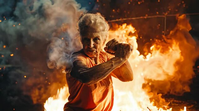 Elderly Woman Lifting Weights in Dramatic Fiery Environment