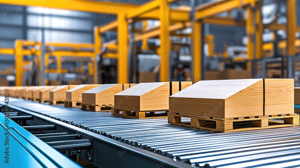 Poster Efficient conveyor system transporting wooden boxes in warehouse setting