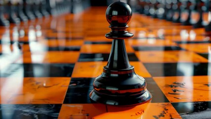 Black Chess Piece on Orange and Black Checkered Board Background