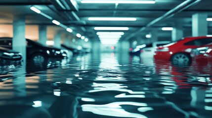 Obraz premium Submerged Cars in a Flooded Underground Parking Garage