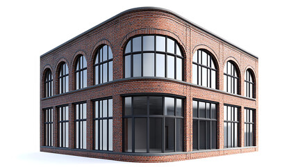 Fototapeta premium A two story brick building with arched windows and black frames on a white background corner view.
