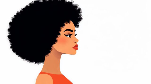 Illustrative Profile of Woman with Thick Curly Hair in Vibrant Colors and Minimalist Style on White Background