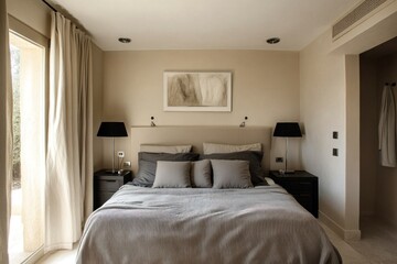 Modern bedroom with beige walls, large bed, and black lamps.
