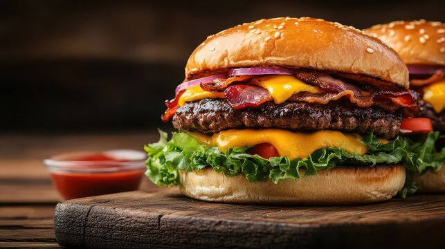 A delicious beef burger with cheese, bacon, and vegetables served on a wooden cutting board with sauces.