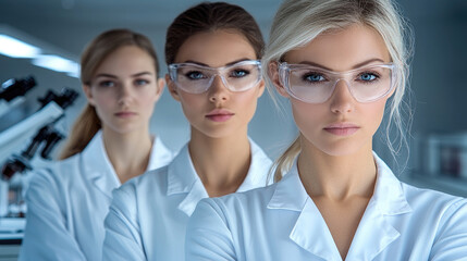 Diverse female scientists in lab coats, focused and determined in laboratory setting