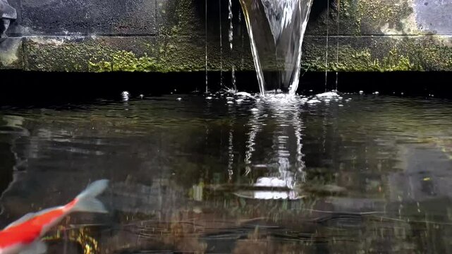 Artificial waterfall in a koi pond with a calm flow