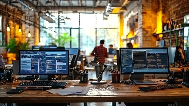 Modern office workspace with programmers coding at desks, illuminated by natural light