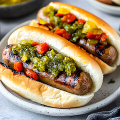 Two hot dogs with a green sauce on top
