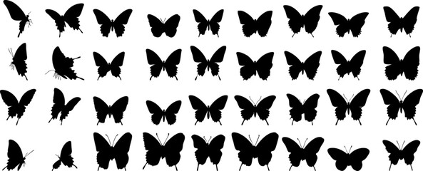 Collection of black butterfly silhouettes, designed in vector style. The concept of spring and summer is beautifully rendered. Perfect for creative projects, graphic design and digital work.