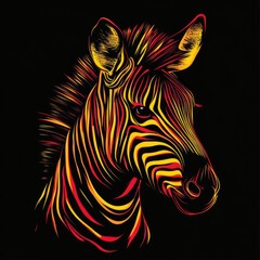 Abstract zebra design with alternating neon red and yellow lines on a black background 